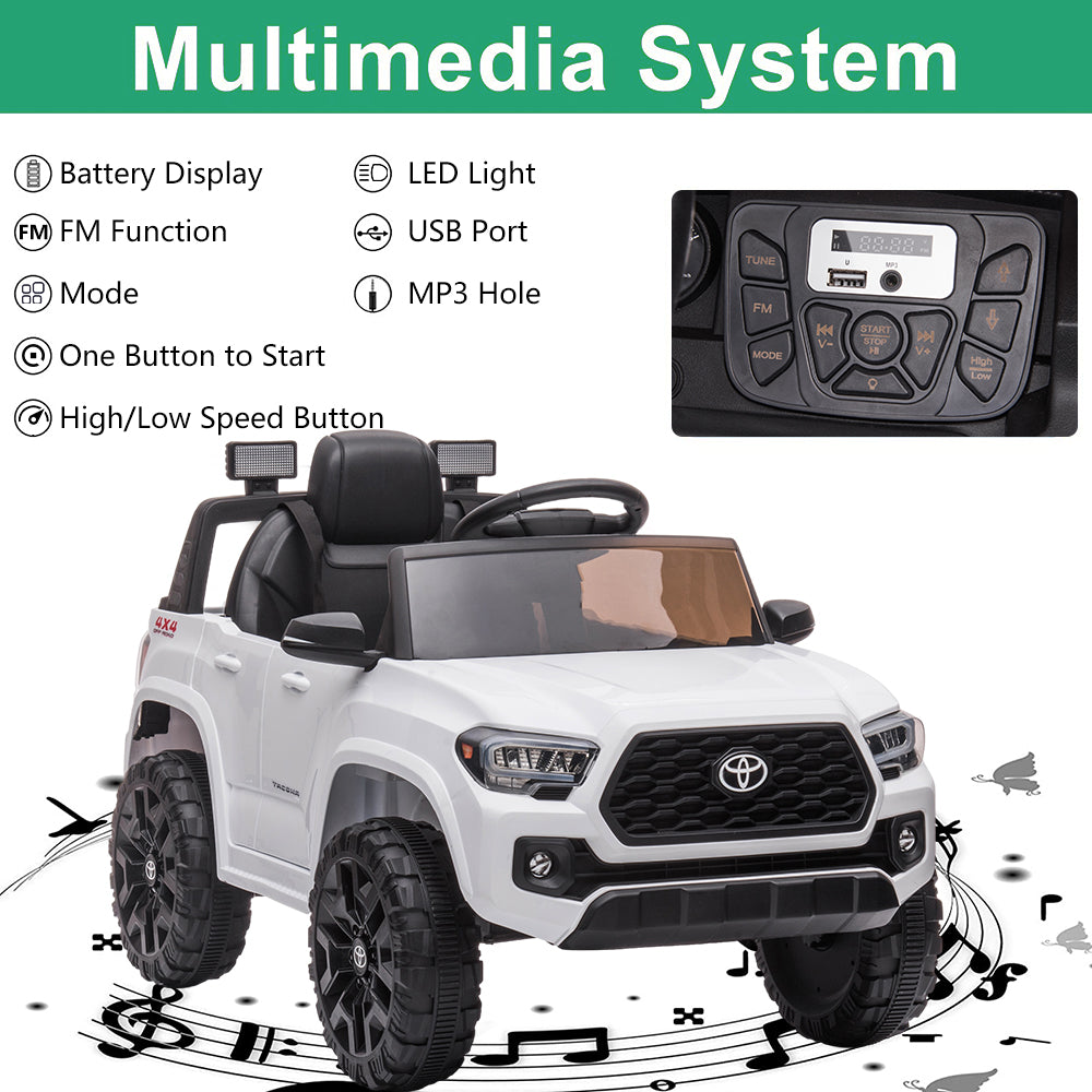 Licensed Toyota Tacoma 12V Battery Powered Ride on Cars with Remote Control, Kids Electric Ride on Vehicles for Boys Girls, Ride on Truck Toys with USB, AUX, MP3, FM Function, LED Headlight, White