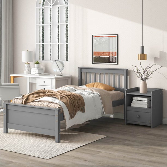 iYofe Pine Wood Bed Frame Bedroom Furniture Set, Twin Platform Bed with a Storage Nightstand, Gray Bed Frame Twin Size for Boys Girls Teens Adults, No Box Spring Needed