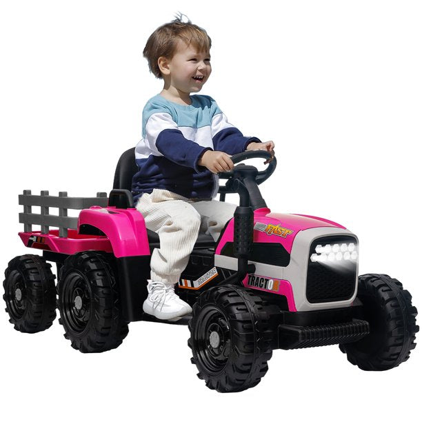 12V Kids Ride on Tractor with Trailer, Sesslife Battery Powered Electric Ride on Car w/ Remote Control, 3 speed, Power display, USB,MP3 , Bluetooth, LED light, Electric Vehicles for Boys Girls, Green