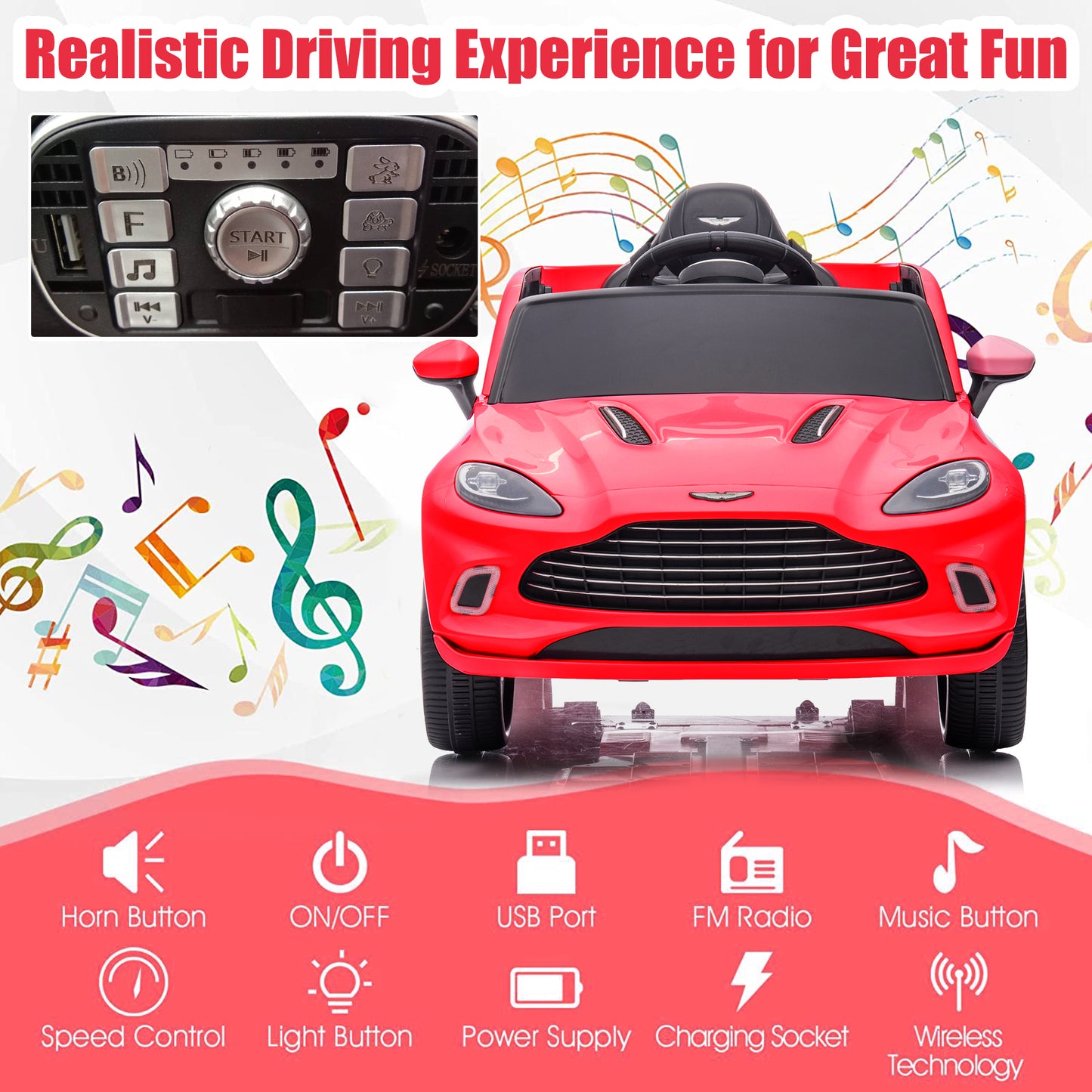 iYofe Red 12V Aston Martin Ride on Cars with Remote Control, Battery Powered Electric Cars for kids with LED Lights, Bluetooth, Music, USB, FM Radio, Kids Ride on Toys for Boys Girls 3-6 Ages Gifts