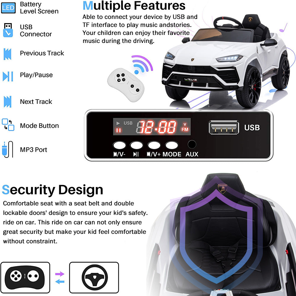 12V Kids Ride On Toy for Boys Girls, iYofe Licensed Lamborghini Kids Ride On Car, Battery Powered Electric Ride on Vehicles for Kids, Kids Electric Car with 3 Speed, LED Light, MP3, White, R833