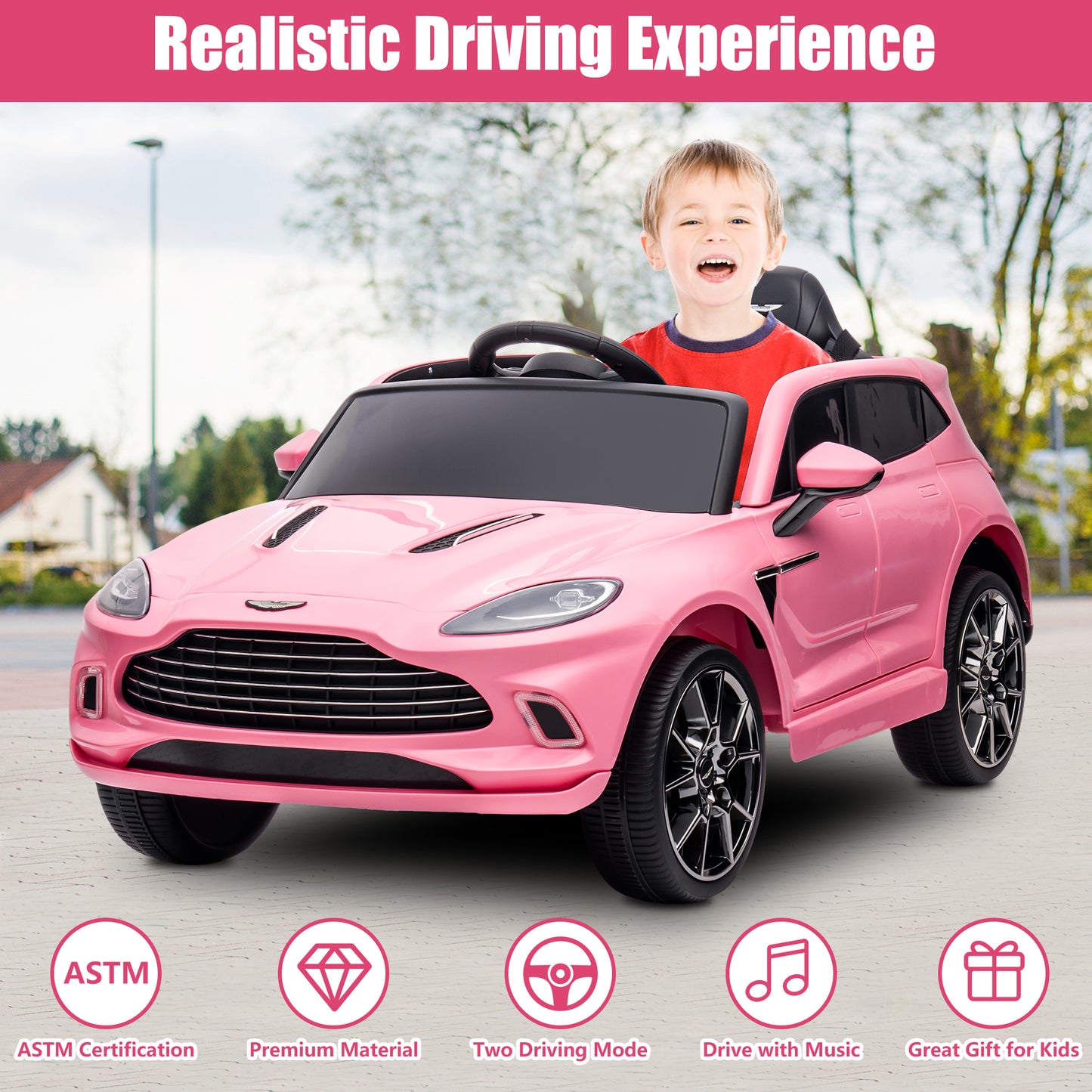 iYofe Pink 12V Aston Martin Ride on Cars with Remote Control, Battery Powered Electric Cars for kids with LED Lights, Bluetooth, Music, USB, FM Radio, Kids Ride on Toys for Boys Girls 3-6 Ages Gifts