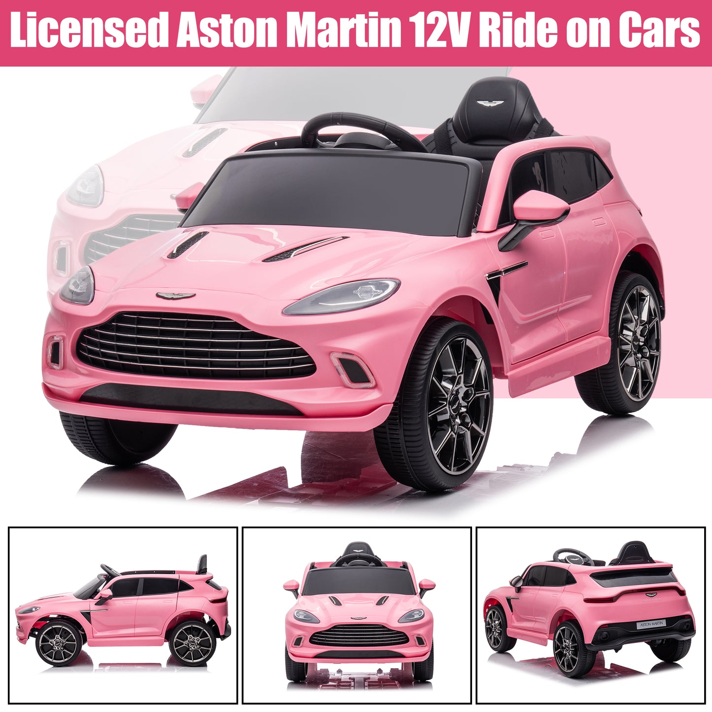 iYofe Pink 12V Aston Martin Ride on Cars with Remote Control, Battery Powered Electric Cars for kids with LED Lights, Bluetooth, Music, USB, FM Radio, Kids Ride on Toys for Boys Girls 3-6 Ages Gifts