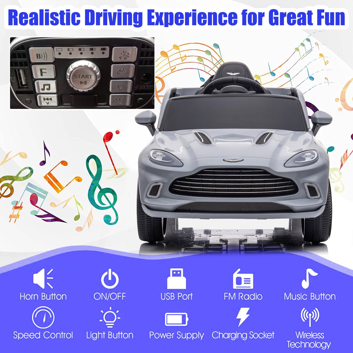 iYofe Gray 12V Aston Martin Ride on Cars with Remote Control, Battery Powered Electric Cars for kids with LED Lights, Bluetooth, Music, USB, FM Radio, Kids Ride on Toys for Boys Girls 3-6 Ages Gifts