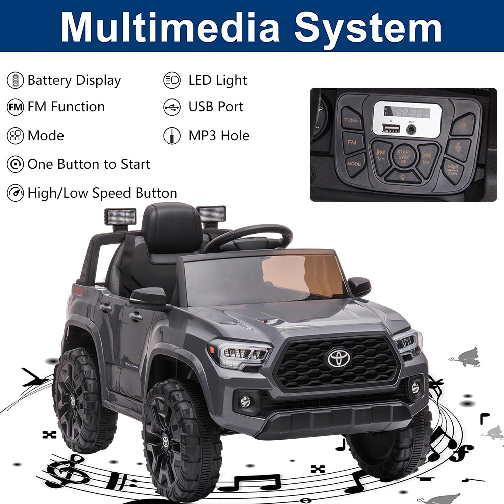 Licensed Toyota Tacoma 12V Battery Powered Ride on Cars with Remote Control, Kids Electric Ride on Vehicles for Boys Girls, Ride on Truck Toys with USB, AUX, MP3, FM Function, LED Headlight, Gray