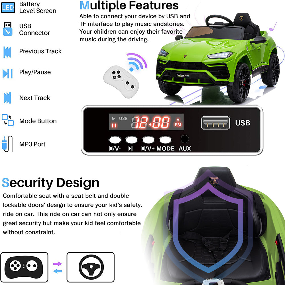 Electric Kids Ride on Toys, 12V Kids Lamborghini Ride On Car for Boys Girls, Battery Powered Power 4 Wheels Kids Electric Cars w/ Remote Control, 3 Speeds, LED Lights/MP3, Christmas Gift, Green, R4008