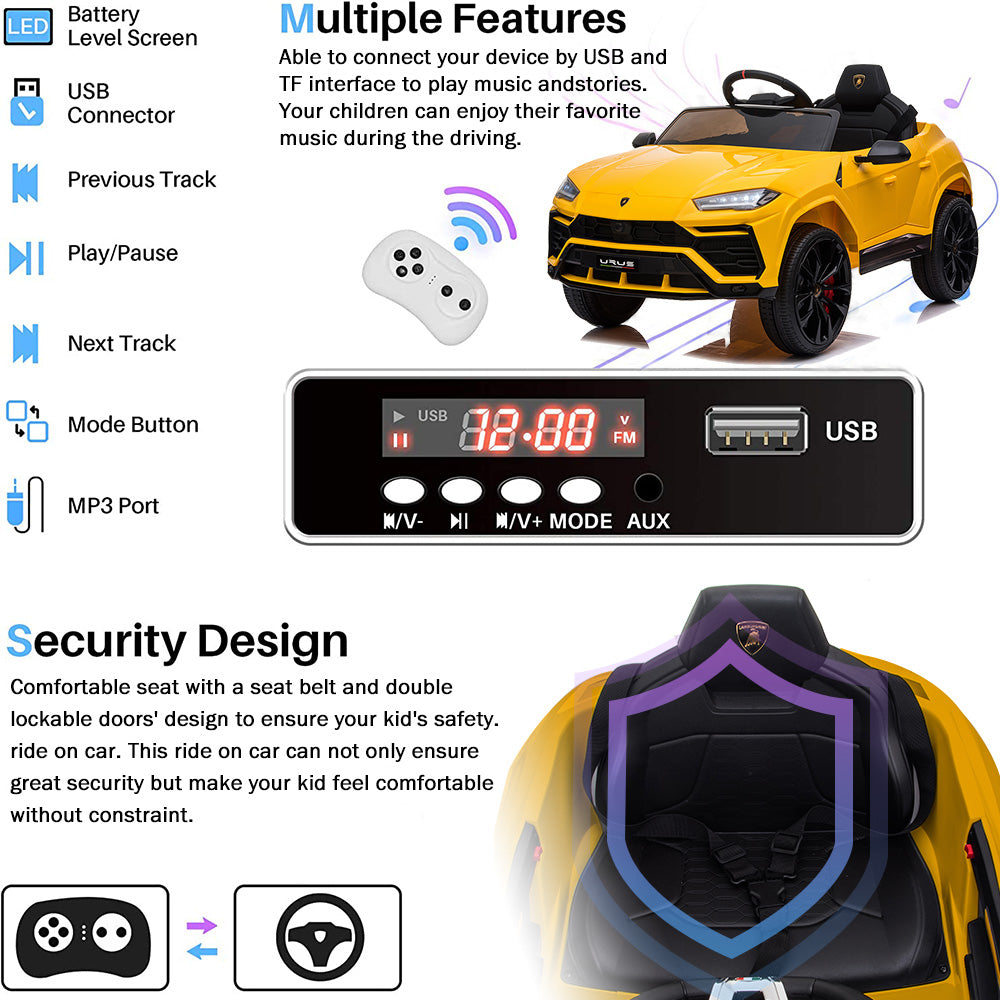 Electric Kids Ride on Toys, 12V Kids Lamborghini Ride On Car for Boys Girls, Battery Powered Power 4 Wheels Kids Electric Car w/ Remote Control, 3 Speeds, LED Lights/MP3, Christmas Gift, Yellow, R4007