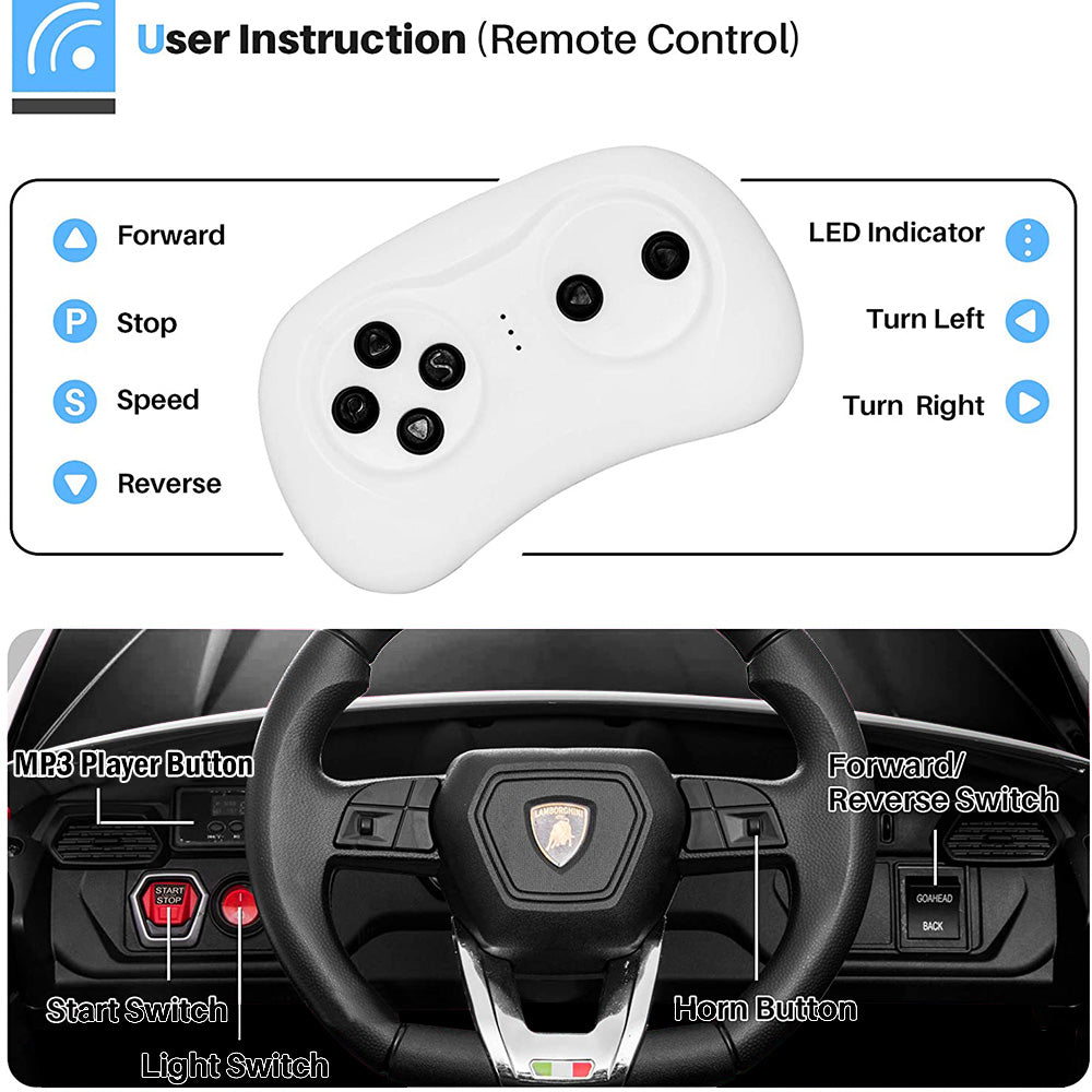 12V Kids Ride On Toy for Boys Girls, iYofe Licensed Lamborghini Kids Ride On Car, Battery Powered Electric Ride on Vehicles for Kids, Kids Electric Car with 3 Speed, LED Light, MP3, White, R833