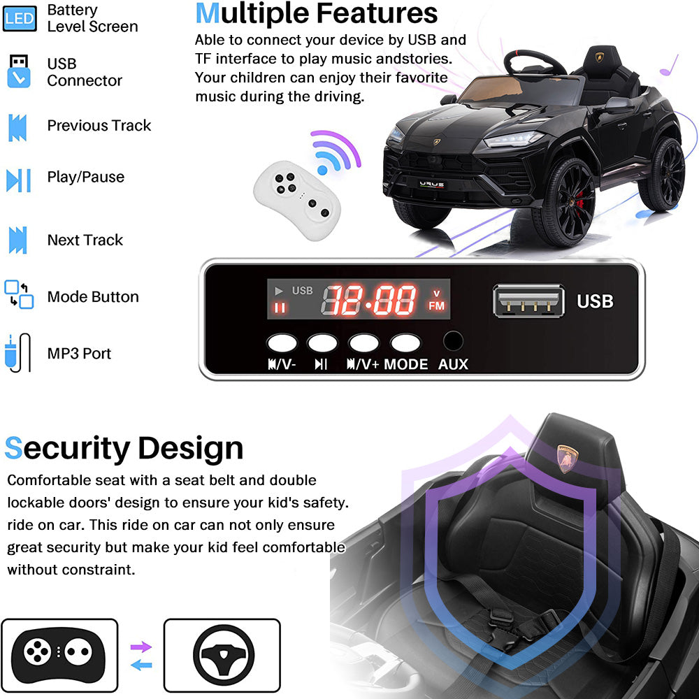 12V Kids Ride On Toy for Boys Girls, iiYofe Licensed Lamborghini Kids Ride On Car, Battery Powered Electric Ride on Vehicles for Kids, Kids Electric Car with 3 Speed, LED Light, MP3, Black, R830