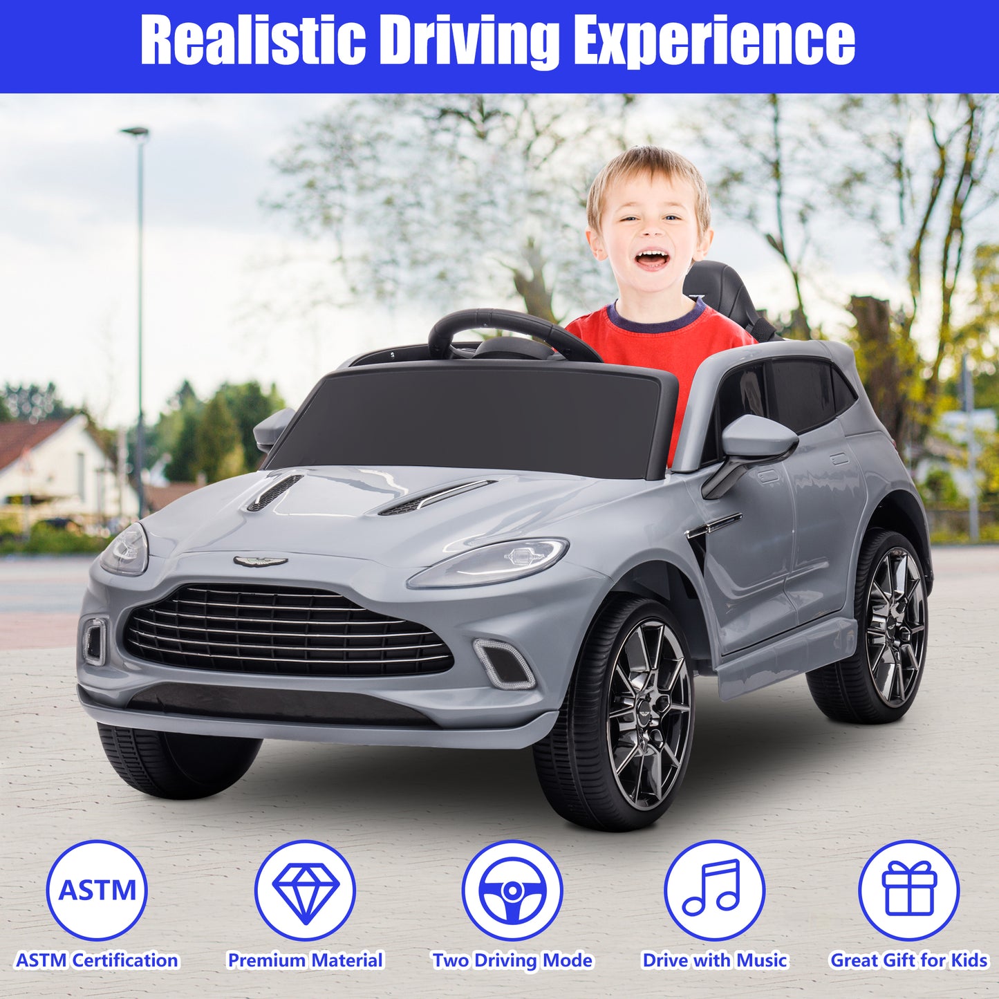 iYofe Gray 12V Aston Martin Ride on Cars with Remote Control, Battery Powered Electric Cars for kids with LED Lights, Bluetooth, Music, USB, FM Radio, Kids Ride on Toys for Boys Girls 3-6 Ages Gifts