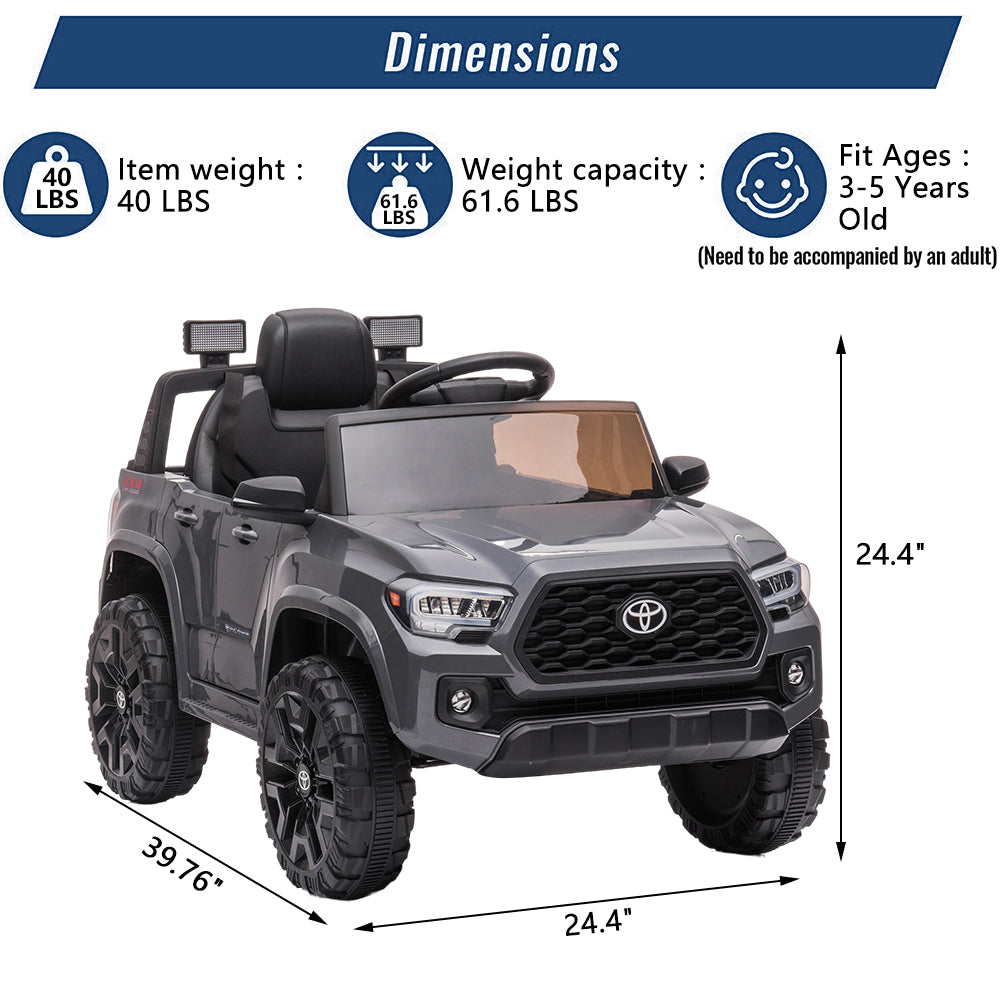 Licensed Toyota Tacoma 12V Battery Powered Ride on Cars with Remote Control, Kids Electric Ride on Vehicles for Boys Girls, Ride on Truck Toys with USB, AUX, MP3, FM Function, LED Headlight, Gray