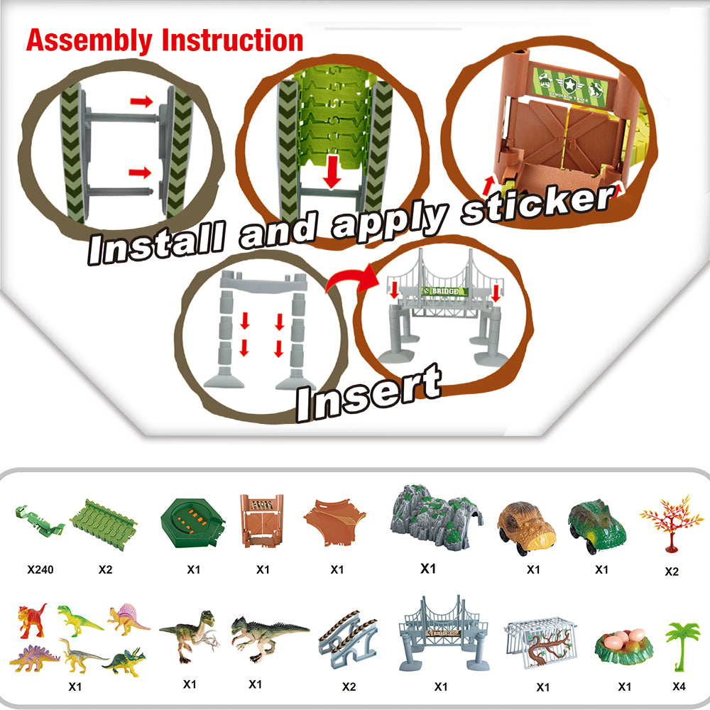 iYofe Dinosaur Toys, Upgraded Dinosaur Race Car Track Toys for 3-6 Year Old Boys Girls, Dinosaur Track Train Set with 240pcs Flexible Tracks and 2 Race Cars for Kids Christmas Birthday Gifts, Green