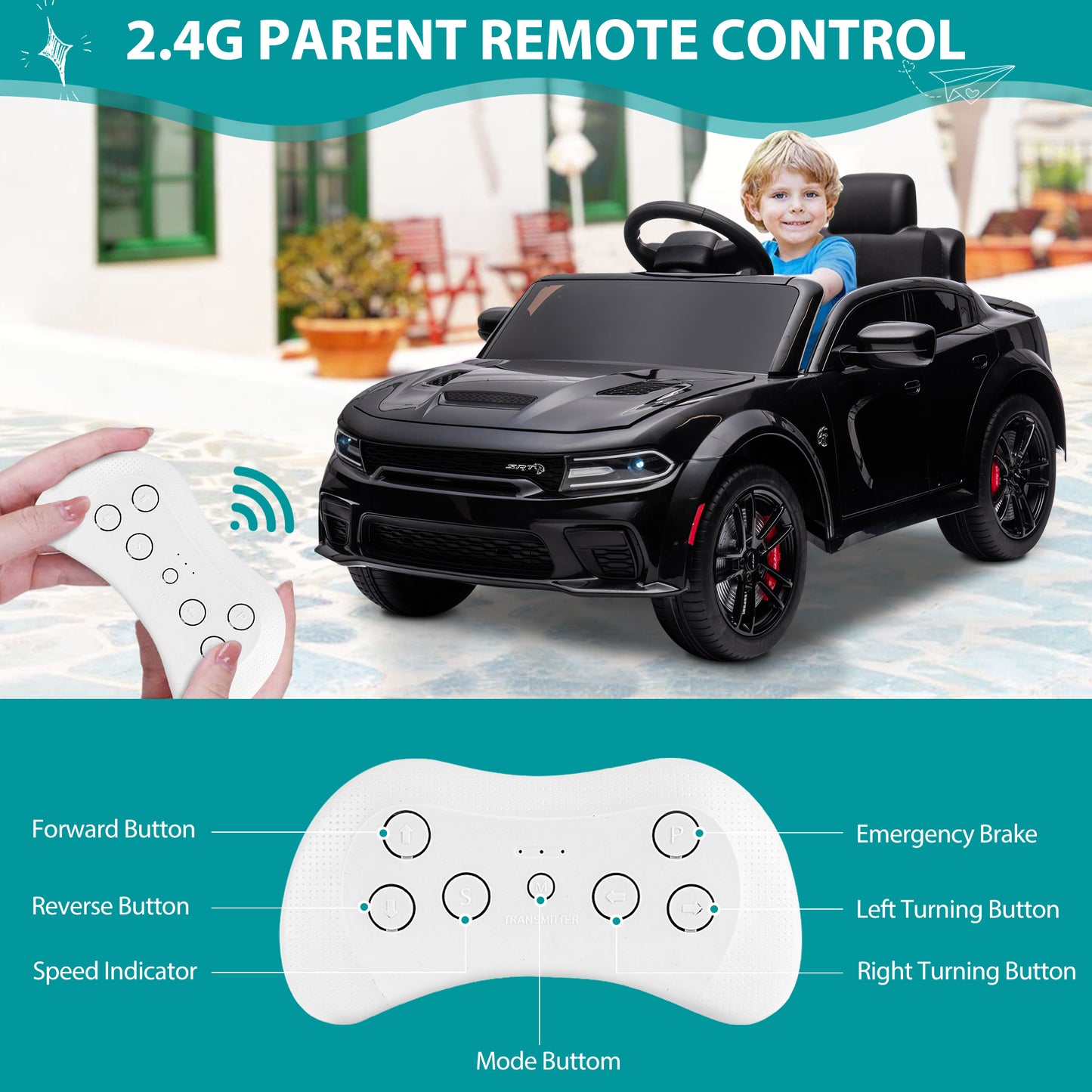 Electric Kids Ride on Toys, 12V Kids DODGE Ride On Car for Boys Girls, Battery Powered Power 4 Wheels Kids Electric Cars w/ Remote Control, 3 Speeds, LED Lights/MP3, Christmas Gift, Black, R846