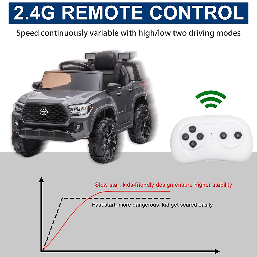 Licensed Toyota Tacoma 12V Battery Powered Ride on Cars with Remote Control, Kids Electric Ride on Vehicles for Boys Girls, Ride on Truck Toys with USB, AUX, MP3, FM Function, LED Headlight, Gray