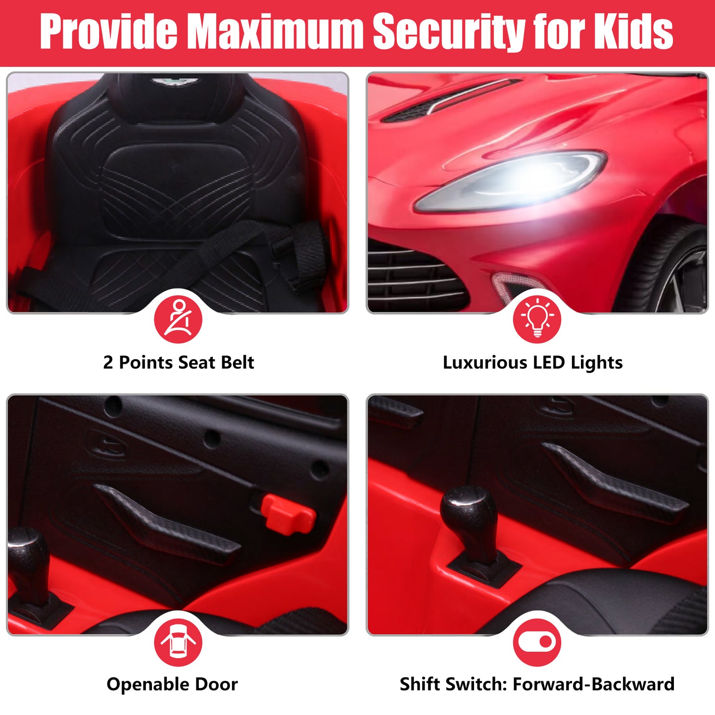 iYofe Red 12V Aston Martin Ride on Cars with Remote Control, Battery Powered Electric Cars for kids with LED Lights, Bluetooth, Music, USB, FM Radio, Kids Ride on Toys for Boys Girls 3-6 Ages Gifts