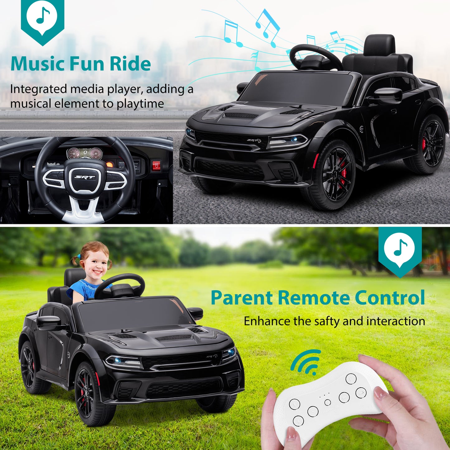 Electric Kids Ride on Toys, 12V Kids DODGE Ride On Car for Boys Girls, Battery Powered Power 4 Wheels Kids Electric Cars w/ Remote Control, 3 Speeds, LED Lights/MP3, Christmas Gift, Black, R846