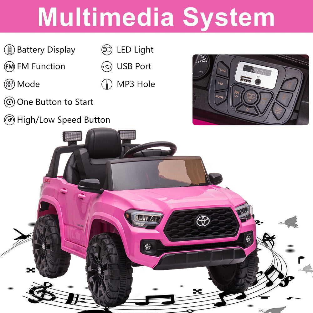 Licensed Toyota Tacoma 12V Battery Powered Ride on Cars with Remote Control, Kids Electric Ride on Vehicles for Boys Girls, Ride on Truck Toys with USB, AUX, MP3, FM Function, LED Headlight, Pink