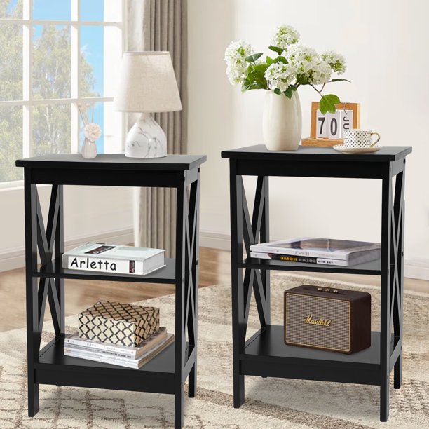 iYofe Modern Simple Side Table, 3-Tier End Table for Living Room Bedroom, Set of 2 Nightstand Small Coffee Table with Storage Shelf, Black