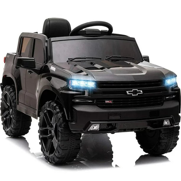 Licensed Chevrolet Silverado Kids Ride on Toys, 12V Ride on Car w/Remote Control, Battery Powered Pickup Truck Ride on w/Spring Suspension, LED Light, Music, Safety Belt, Black, D496