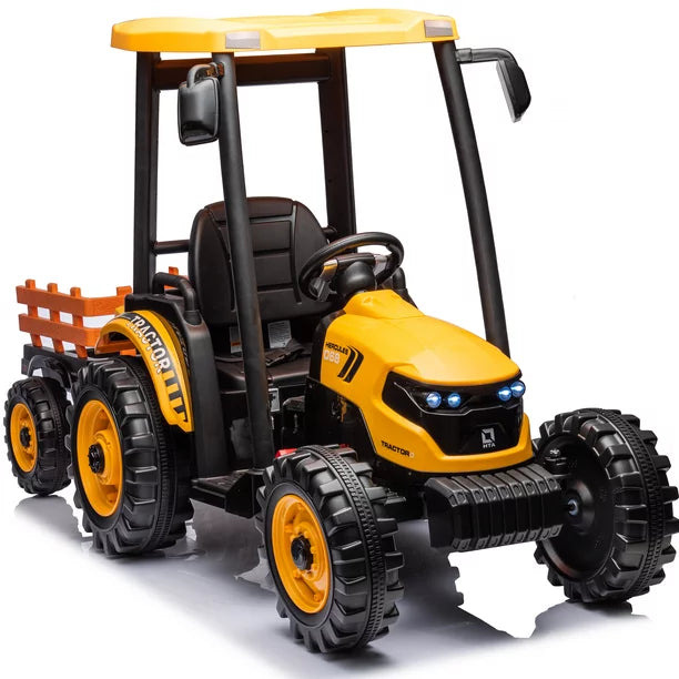 iYofe Ride on Tractor Cars, 24V Battery Powered Electric Vehicle with Trailer & Digger, 3 speed Loader, Treaded Tires, LED Lights, Audio, Safety Belt, Kids Ride on Toy for Boys 3-12 Years Old