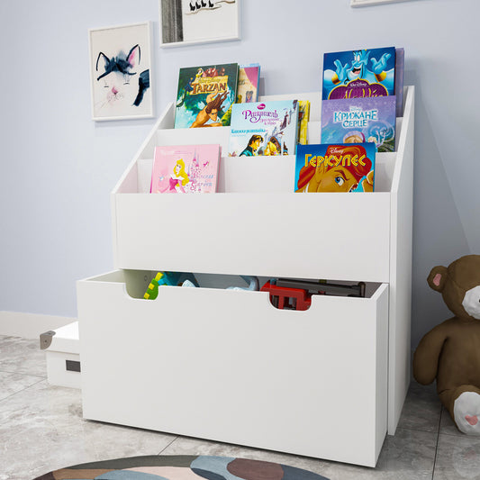 iYofe Book Shelf Organizer and Toy Storage Cabinet for Kids, Modern Wood Bookshelf with Drawer and 4 Wheels, Storage Box and Books Display for Kid's Room Living Room Nursery, White