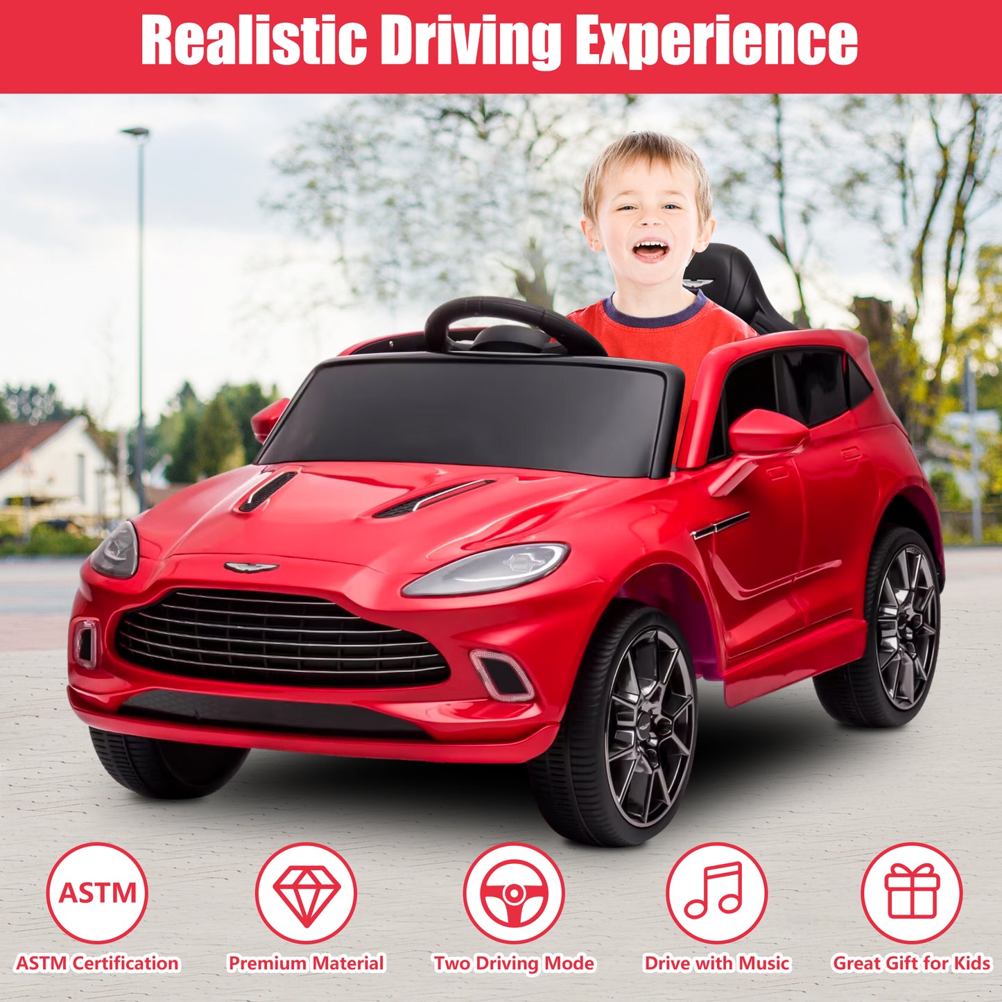 iYofe Red 12V Aston Martin Ride on Cars with Remote Control, Battery Powered Electric Cars for kids with LED Lights, Bluetooth, Music, USB, FM Radio, Kids Ride on Toys for Boys Girls 3-6 Ages Gifts