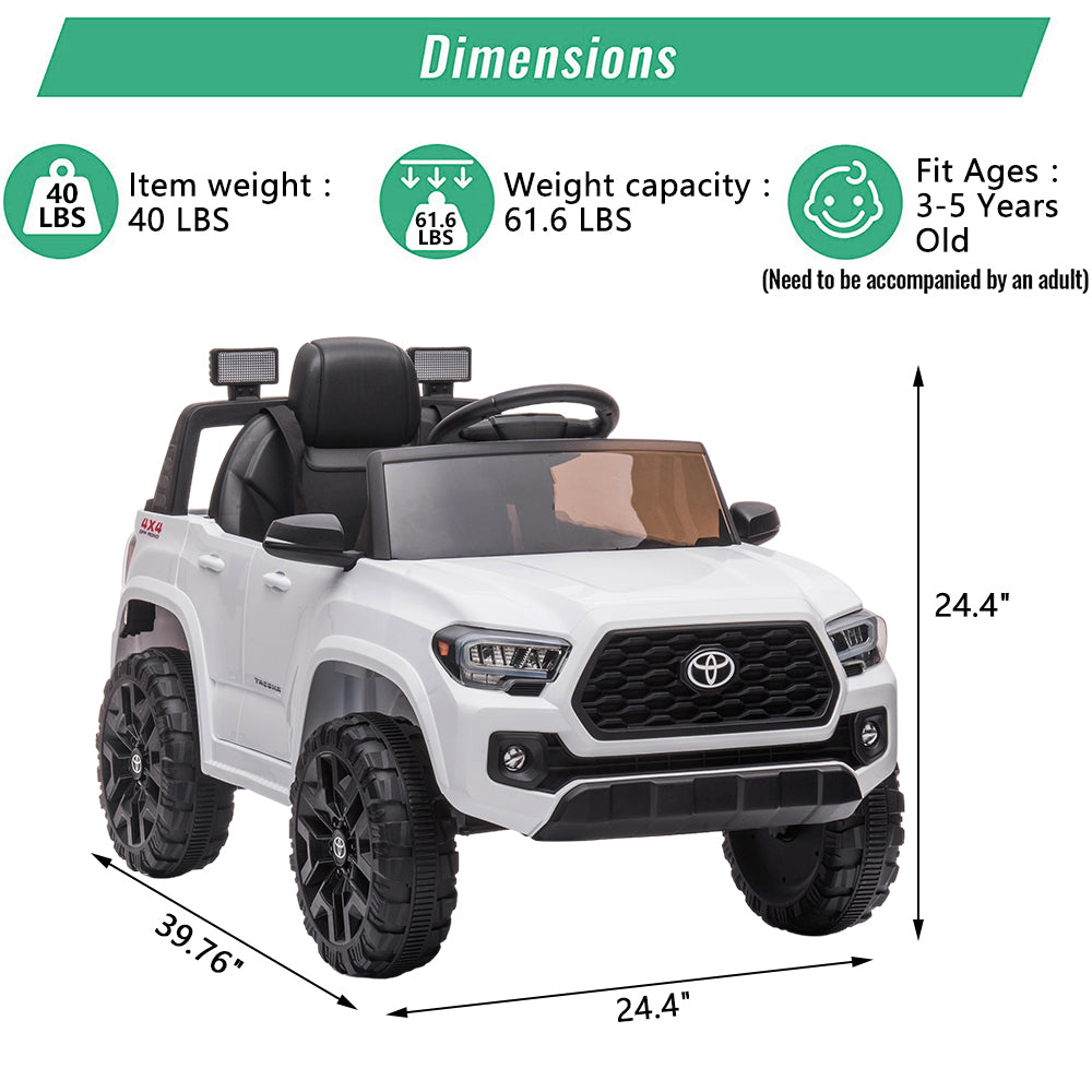 Licensed Toyota Tacoma 12V Battery Powered Ride on Cars with Remote Control, Kids Electric Ride on Vehicles for Boys Girls, Ride on Truck Toys with USB, AUX, MP3, FM Function, LED Headlight, White