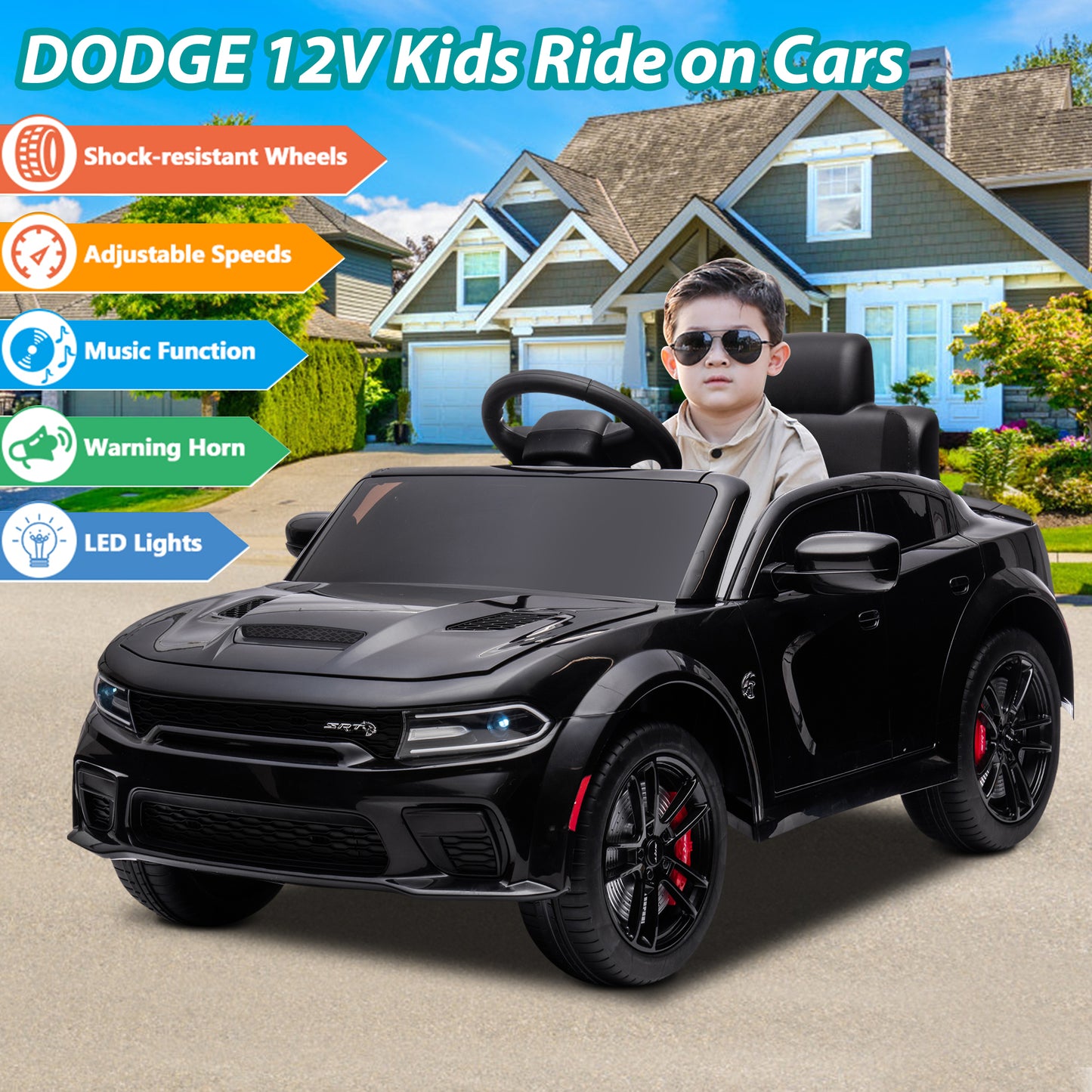 Electric Kids Ride on Toys, 12V Kids DODGE Ride On Car for Boys Girls, Battery Powered Power 4 Wheels Kids Electric Cars w/ Remote Control, 3 Speeds, LED Lights/MP3, Christmas Gift, Black, R846