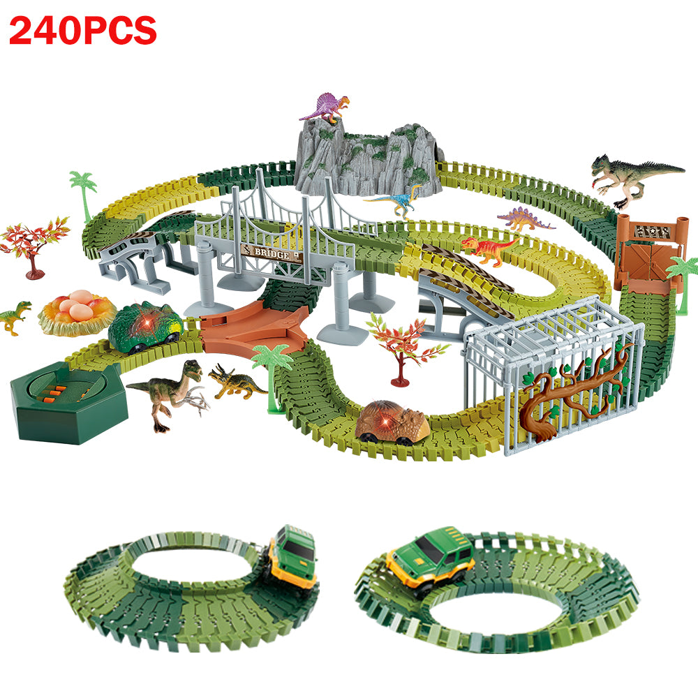 iYofe Dinosaur Toys, Upgraded Dinosaur Race Car Track Toys for 3-6 Year Old Boys Girls, Dinosaur Track Train Set with 240pcs Flexible Tracks and 2 Race Cars for Kids Christmas Birthday Gifts, Green