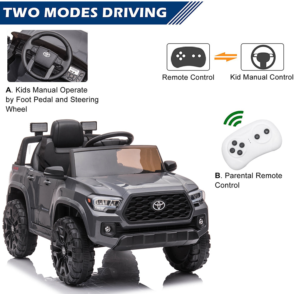 Licensed Toyota Tacoma 12V Battery Powered Ride on Cars with Remote Control, Kids Electric Ride on Vehicles for Boys Girls, Ride on Truck Toys with USB, AUX, MP3, FM Function, LED Headlight, Gray