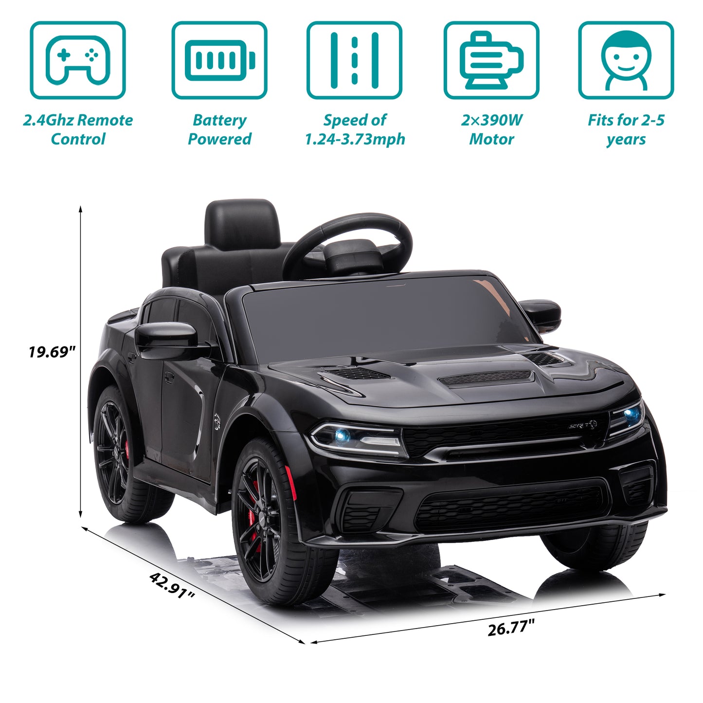 Electric Kids Ride on Toys, 12V Kids DODGE Ride On Car for Boys Girls, Battery Powered Power 4 Wheels Kids Electric Cars w/ Remote Control, 3 Speeds, LED Lights/MP3, Christmas Gift, Black, R846