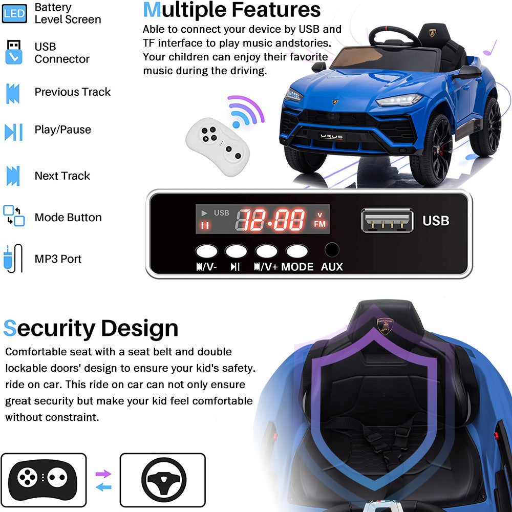 Electric Kids Ride on Toys, 12V Kids Lamborghini Ride On Car for Boys Girls, Battery Powered Power 4 Wheels Kids Electric Cars w/ Remote Control, 3 Speeds, LED Lights/MP3, Christmas Gift, Blue, R5237